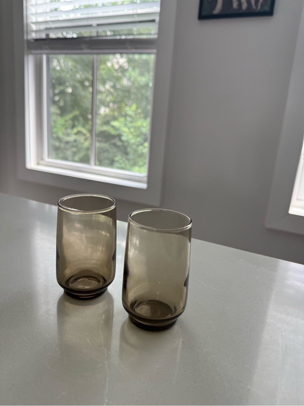 Set of 2 vintage smoky brown drinking glasses. I thrifted these and loved the co